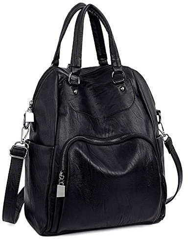 UTO Damen Rücksack Purse PU gewaschen Leder Convertible Frau Rucksack Crossbody Schultertasche schwarz