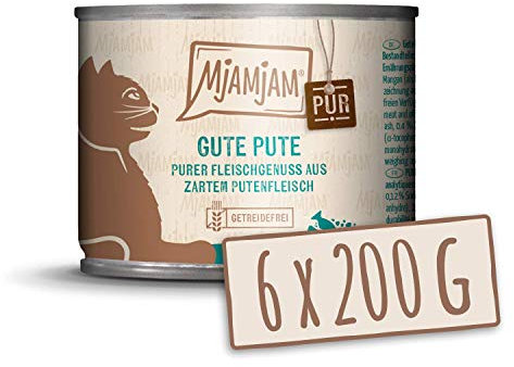 MjAMjAM - Premium Nassfutter für Katzen - purer Fleischgenuss - gute Pute pur, 6er Pack (6 x 200 g), getreidefrei mit extra viel Fleisch