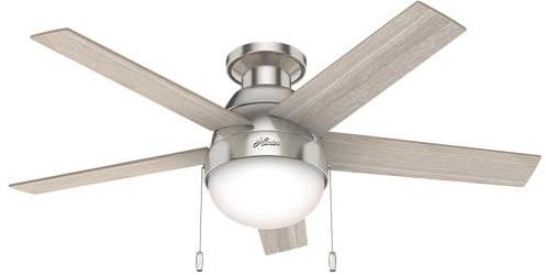 Hunter 46 inch Indoor Ceiling Fan with LED Light - Ceiling Fan with Pull Chain, For Bedroom, Living Room, or Kitchen, Low Profile Mount, No Remote, 5 Blades - Anslee 50278, Brushed Nickel