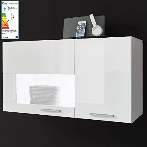 Hängevitrine in Hochglanz weiß inkl. LED-Spots Unterbaubeleuchtung, B/H/T ca.: 92/50/35 cm
