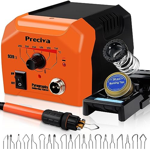 Kit de Pirograbador de Madera,Preciva 40W/220V Máquina de Pirografía de Temperatura Ajustable,Soldador Pirografo Electrico Profesional para Madera,Cuero y Corcho.