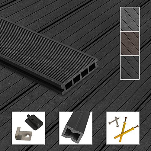 Montafox WPC Terrassendielen Dielen Komplettset Hohlkammerdiele Komplettbausatz Unterkonstruktion Clips, Größe (Fläche):20 m² 2.2m, Farbe:Anthrazit
