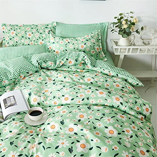 FANSU Housse de Couettes Parure de Lit 4 Pièces, Microfibre Modèle de Floral Ensemble de Literie avec 2 Taies d'oreillers et 1 Drap de lit (Fleur Verte,140x200cm)