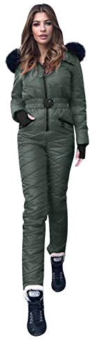 Lazzboy Skianzug Damen Schneeanzug Skioverall Skifahren Skianzüge Overall Jumpsuit Snowboard Skisuit Einteiliger Hoodie Winter Warme Schnee Outdoor Sports Ski Anzug (Armeegrün,L)