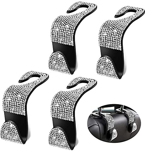 Lot de 4 Crochets de Stockage de Voiture Crochets d'Appui-Tête de Voiture avec Diamant Strass pour Véhicule pour Sacs à Main et Porte-Monnaie Manteaux Sacs d'épicerie