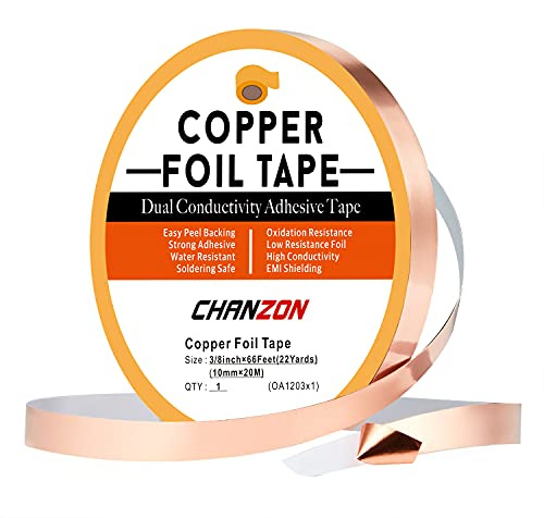CHANZON Kupferfolienband 10mm x20 M Kupferband doppelseitiger leitfähiger Klebstoff, für Glasmalerei, Löten, Elektrik, Handwerk, Reparatur, Papierschaltkreise, EMI-Abschirmung, Erdung, Gitarren