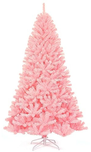 COSTWAY Albero di Natale 180/230cm, Albero di Natale Rosa con 1036/1258 Rami Folti e Base di Metallo con Cuscinetti Antiscivolo, Albero di Natale Realistico per Casa, Ufficio e Negozio (230 cm)
