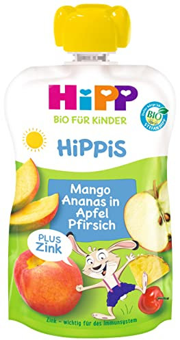 HiPP Bio für Kinder HiPPiS Frucht Plus Mango Ananas in Apfel Pfirsich plus Zink - Hans Hase, 6er Pack (6 x 100 g)