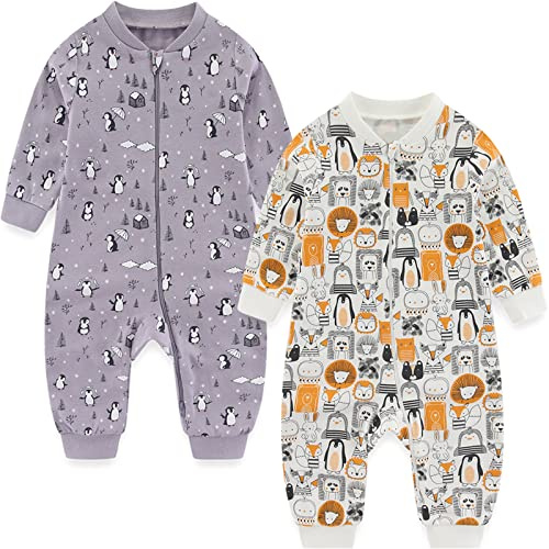 MAMIMAKA Lot de 2 grenouillères une pièce avec fermeture éclair bidirectionnelle pour bébé garçon et fille pour jouer et dormir, Sans pied-3, 12-18 mois