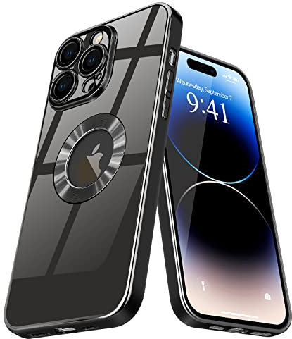 Pepmune for iPhone 14 Pro Max Case Clear, Logo View Design with Camera Lens Protection Luxury Plating Bumper Shockproof TPU Back Cover Soft Slim Phone Cases,Black