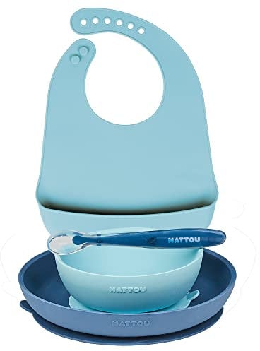 Nattou Set Repas en Silicone pour Enfants, 4 Pièces, 1 Cuillère, 1 Assiette, 1 Bol, Antidérapant, Sans BPA, Silicone, Bleu