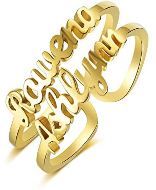 kaululu Personalisiert Ringe mit Namen für Damen Edelstahl Offener Ring Einstellbar Drehring Herz Schmuck Geschenk für Geburtstag Weihnachten Valentinstag Muttertag (Gold-2)