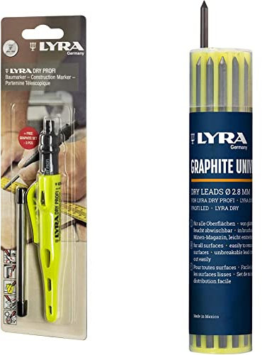 LYRA L4498104 DRY PROFI Marqueur de construction avec taille-crayon et clip Mine universelle en graphite 2B 2,8 mm + 3 recharges & Lot de 12 mines de rechange universelles en graphite 2B 2,8 mm