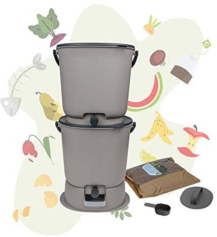 NATIV Bokashi Eimer Starter Set | 2 Bokashi Eimer mit Bokashi Ferment | Küchenkomposter für die Herstellung von Bokashi Kompost | Bokashi-Eimer aus recyceltem Plastik