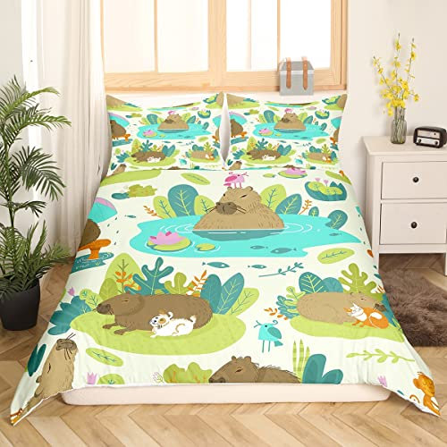 Nette Capybaras Bettwäsche Geschenke für Capybara Liebhaber,Capybara Auf Dschungel Bettwäsche Set 155x220,Lustige Tiere Bettbezug für Kinder Jungen Mädchen Teens,Botanische Frühling Grüne Bett Set