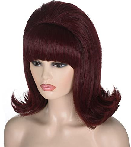 FVCENT 70er Jahre Retro Bienenstock Stil Vintage Look Flicked Beehive Bob im 50er-Jahre-Stil Perücke mit Pony (Burgundy)