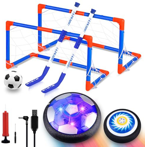 Moocuca Hover Ball Hockey Set Kinder, Wiederaufladbar Air Power Fußball mit Led Licht, 3-in-1 Hockey Set mit 2 Tore für Jungen Mädchen, Aufblasbarer Fußball für Indoor Outdoor