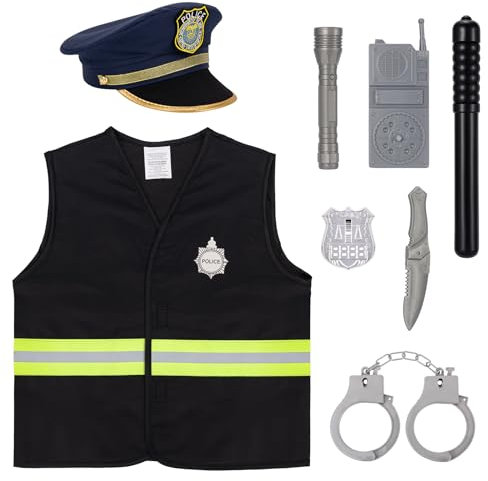 BTHRORO Polizei Kostüm Kinder, 8 Stück Polizei Zubehör mit Weste Polizeimütze Handschellen Walkie Talkie Polizei Spielzeug für Kinder Halloween Karneval Party Rollenspiele zu Spielen