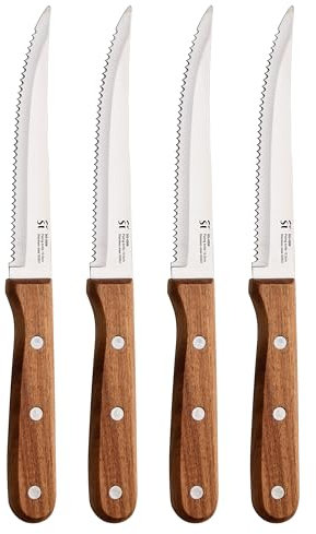 San Ignacio Compact - Set von 4 Messern für Fleisch - Edelstahl - Blatt mit Matt -Finish - Blatt 12,5 cm - Acacia -Holzgriff - Perfekt für Grill - Griff Bauchmuskeln