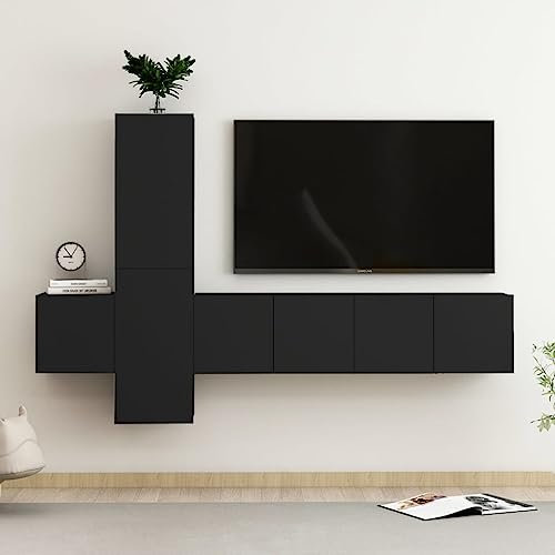 Annlera 5-TLG. TV-Schrank-Set Schwarz Holzwerkstoff Tv Cabinet Hängekommode Wohnwand Holz Tv Lowboard Holz Tv Unterschrank Wohnzimmer Möbel Schlafzimmer Möbel Wohnwand Hängend Wohnwand Modern