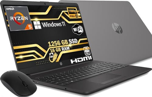 HP Notebook 2024 Ryzen 5 5500U 6 Core 4 Ghz SSHD 1256 Gb IPS Full HD 15.6 DDR4 16 Gb, Wi-fi 3 usb webcam HD Windows 11 Pro, Libre Office, QWERTY Italia MOUSE OMAGGIO