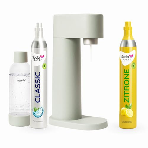 Sparpaket: Mysoda Woody - Wassersprudler aus erneuerbarem Holzkomposit mit 1L BPA-freier Plastikflasche, CO2-Zylinder Classic + CO2-Zylinder Zitrone (Hellgrün, Pigeon)