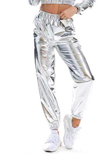 Damen Metallic Glänzend Jogger Casual Holographische Farbe Streetwear Hosen Hip Hop Mode Glatte Elastische Hosen Tanzhosen Party Disco Clubwear (Silber, L)