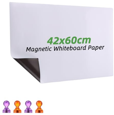 GBACHOOSE Magnetic Whiteboard Paper, 42 x 60cm White Board Sheet A2 for Fridge, Dry Erase White Board Include 4 Magnetic Buckle for Office, Home, School