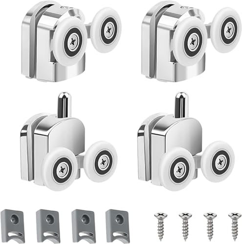 Shower Door Rollers 25mm Shower Sliding Door Wheels 2 Top & 2 Bottom Chrome Shower Runners with Anti-Collision Block and Stainless Steel Screws Fittings for Curved Glass Doors 4-6mm (25mm-4pcs)