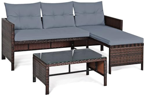COSTWAY 3PCS Rattan Garden Furniture Set, Outdoor L-Shaped Corner Sofa Set with Chaise Lounge, Glass Coffee Table and Cushions, All-Weather Wicker Sectional Table Chairs for Deck Poolside (Grey)
