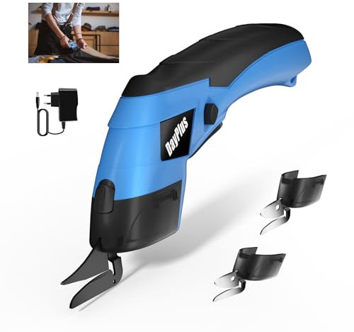 Akkuschere Elektrische Stoffschere Leicht&Tragbar 3.6V Universalschneider mit Sicherheitsschloss und 2 Schneidklingen, Power Schneider für Leder/Papier/Teppich/Pappe(Blau)