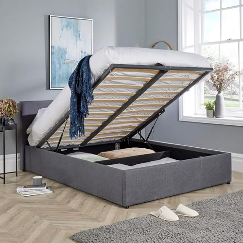 Home Source Small Double 4ft End Gas Lift Fabric Ottoman Storage Bed, Grey
