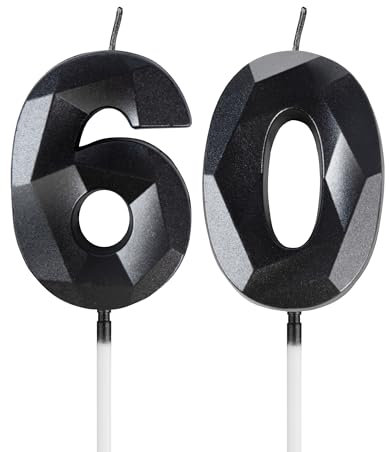 mciskin Black 60th Birthday Candles, 3D Number 60 Candles for Cake, Women Men 60th Birthday Decorations,Pearl Black Candle Cake Topper Decorations for Birthday Party Weddings Anniversary Supplies