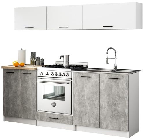 3E 3xE living.com Küchenset: acht Türen, sechs Einlegeböden, Farbe: weiß | Beton, A: B: 200 cm, H: 174 cm, T: 46 cm