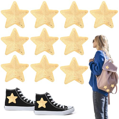 10 Pcs Star Iron On Patches 3 Inch Shiny Applique Embroidered Sequin Star Sew on Patches for Clothing Hats Backpacks Costume Shoes(Gold)