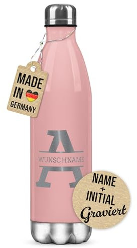 PR Print Royal Personalisierte Trinkflasche mit Gravur - mit Buchstabe & Name gravieren - Geschenk zum Geburtstag, Weihnachten, Namenstag | Edelstahl-Thermosflasche, Rosa 500 ml
