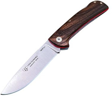 Navaja Cudeman 389-JM Mini Pandora con hoja de acero Böhler N690Co de 8 cm y empuñadura de juma, olivo o nogal de 10 cm para Caza, Pesca, Supervivencia + Portabotellas Regalo (Nogal SIN funda)