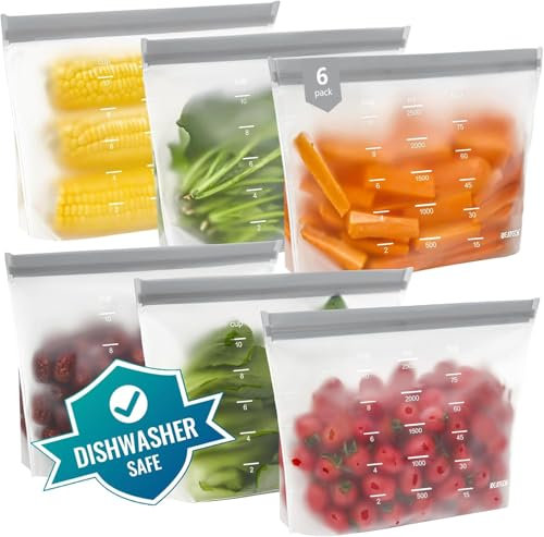 IDEATECH Reusable Silicone Food Storage Bags - Leak Proof Airtight Containers for Lunch, Snacks, Fruits and Vegetables (6 Pack, 6 * 3200ml)