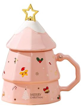 Taza de café de Navidad con tapa y varilla, taza de cerámica con forma de árbol de Navidad, tazas de té y café, leche, regalo único para Navidad (400 ml) (rosa)