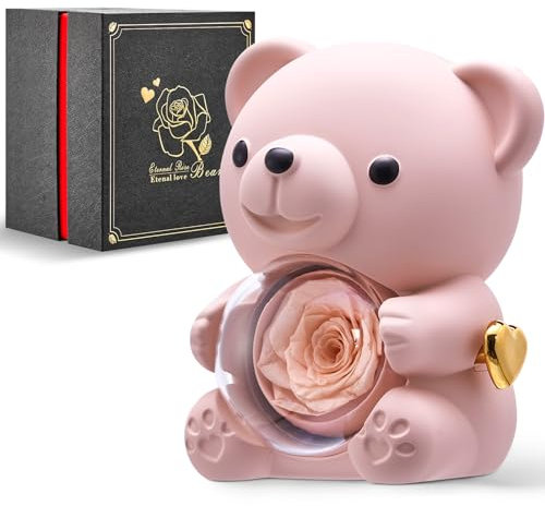 Mikasol Romantic Teddy Champagne Bear with Preserved Rose - Real Rose in Elegant Black Gift Box for Valentine's Day, Anniversaries, Weddings, Bridal Showers, and Mother's Day