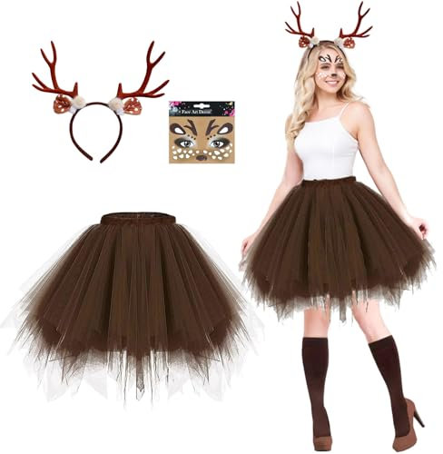 Angenster Reh Kostüm Damen Kleid Set, Damen Geweih Kostüm Karnevalskostüm Damen mit Tüllrock Braun Aufkleber und Geweih, Rentier Kostüm Erwachsene für Karneval Halloween Damen (M)