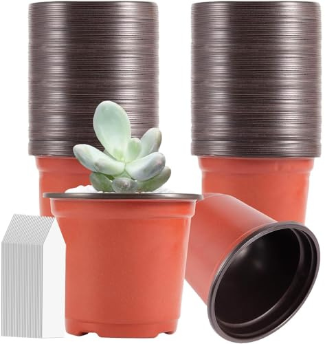 SKIKHN 100 Pièces Pots de Plantes en Plastique,10cm Pots pour Semis avec 100 Petit étiquettes, Pots de Fleurs,Réutilisables Pots de Fleurs en Plastique Adapté Semis, Fleurs, Succulentes