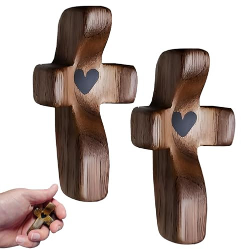 NHQ 2 Pièces Croce in Legno Intagliato,Croce Adulatrice Antistress,Croce Di Consolazione Da Ten-ere In Mano,Ciondoli a Croce,Croce in Legno a Mano croce D'amore Intagliata per Amici Famiglia Pregare