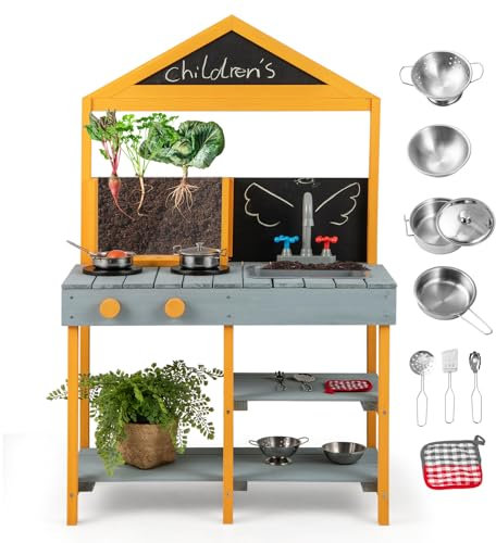 DREAMADE Matschküche Kinder Outdoor, Outdoorküche aus Tannenholz mit Waschbecken & Pflanzenbetrachter & Tafel & Herd, Spielküche Kinderküche mit 8 TLG. Zubehör für Kinder ab 3 (Blau)