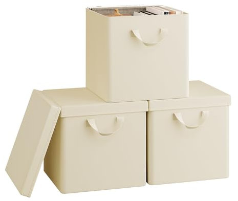WOLTU Fabric Storage Boxes Set of 3, Folding Baskets with Lids, Handles, Metal Frame, Wardrobe Toy Organisers for Living Room, Bedroom, Office, Cream, 30x30x29cm
