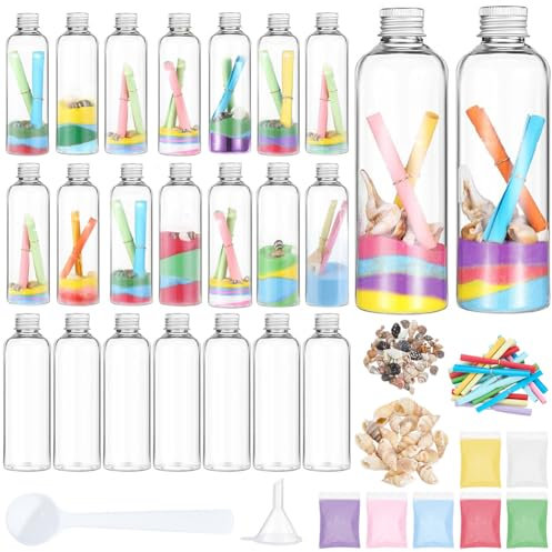 WEBEEDY 16 Sets DIY Sand Art Bottles Sand Arts and Crafts Kit with Colored Sands, 8 Colors Wishing Paper, Conch Shells, Small Glass Jar with Lid for Christmas Party Decor Birthday Gift