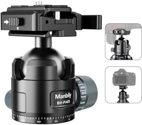Manbily BH-PA03 Low Profile Ball Head, 44mm Tripod Heads with Picatinny to Arca-Swiss Adapter & 1/4 Quick Release Plate, Aluminum 360° Rotatable for Shooting Tripods, DSLR Cameras, Monopods Max 20kg