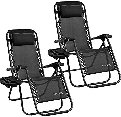 Rainberg Zero Gravity Lounger Chair, Outdoor & Garden Sunloungers, Folding Reclining Patio Chair, Cup Holder, Soft Cushion and Headrest for Poolside, Camping, Coffee (Pack of 2 Chairs)