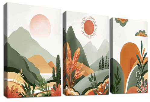 3Pcs Bohemian Wüste und Sonne Leinwand Bilder Set Mit Rahmen Orange Grüne Berge und Pflanzen Bild auf Leinwand Malerei Wandbilder Poster Wohnzimmer Schlafzimmer Esszimmer Flur Wanddeko 30x40cm x3pcs