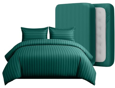 Casabella Duvet Cover Sets - 4 Pc Luxury Super King Duvet Set Brushed Microfiber Duvet Full Set - Duvet Cover, Fitted Sheet & Pillowcase 2 Pack - Soft & Durable Super King Duvet Set - Stripe Jade